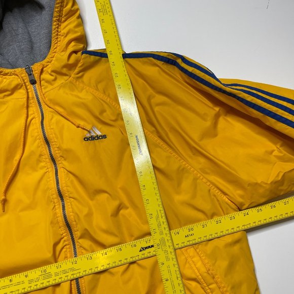 Adidas Reversible Jacket Large Yellow Nylon Gray Fleece Hooded Full Zip - Picture 7 of 8